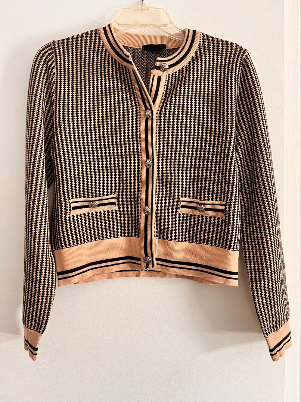 Vici Black and Tan Striped Knit Cardigan with Decorative Buttons